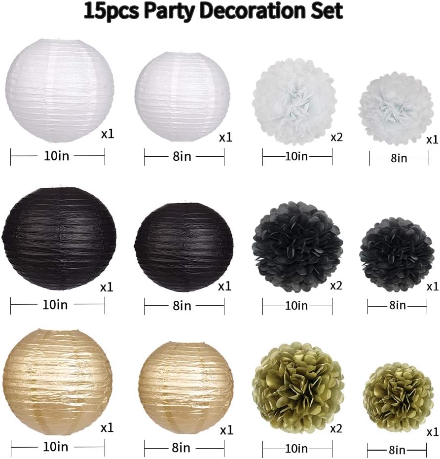 Black Gold Party Decorations, Black Gold Paper Lanterns and Pom Poms Flowers for Birthday Party Graduation Masquerade New Years Party Decor 15PCS