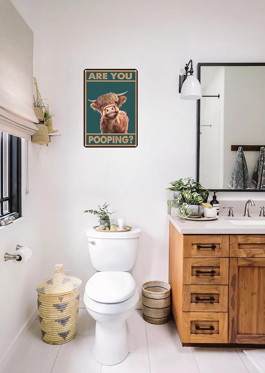 Vintage Highland Cow Tin Sign: Funny "Are You Pooping?" Bathroom Wall Decor for Western & Highland Cow Lovers 8 x 12 Inch (3039)
