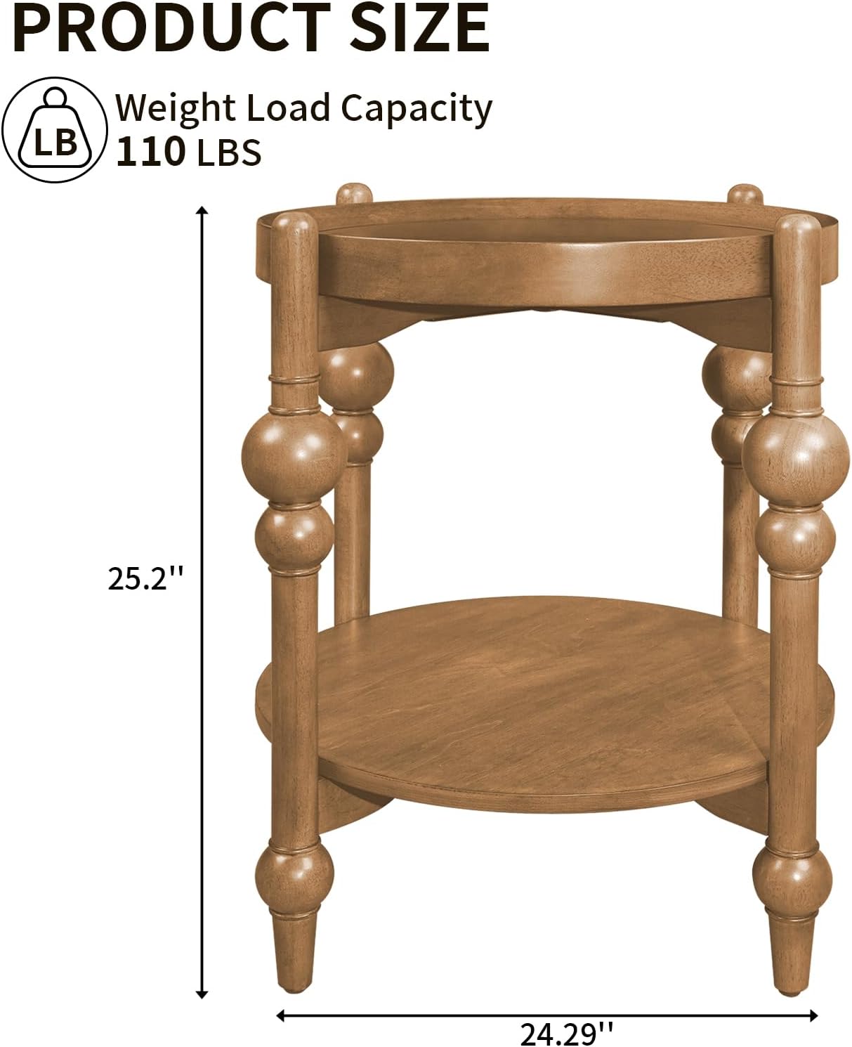 23" Round End Table, Mid Century Modern Side Table with Solid Wood Frame and Top, Small Night Stand for Living Room Office Apartment, Wood