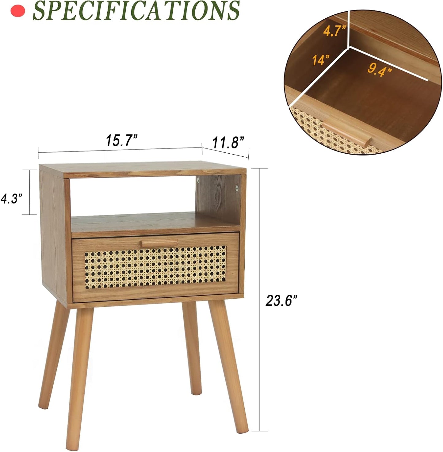 MaxSmeo Mid Century Modern Nightstand with Charging Station, Bedside Tables with Rattan Drawer, Small Wood Nightstand Side Table for Living Room,Bedroom (Brown)