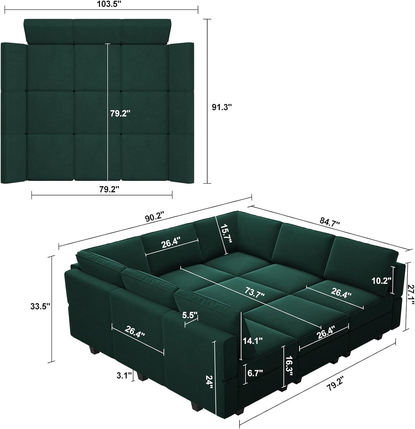 Belffin Modular Sectional Sofa with Ottomans Velvet Reversible Sleeper Sectional Sofa with Chaise Modular Sleeper Sofa Bed with Storage Seat Green
