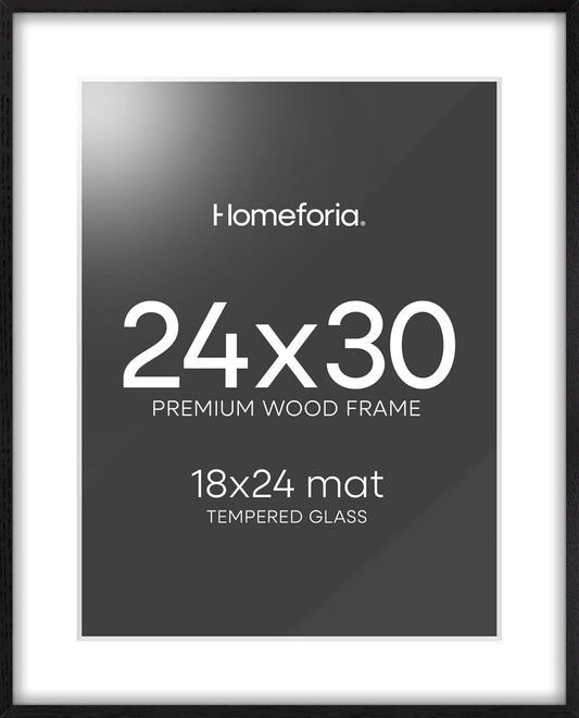 Homeforia Poster Frame 24x30 Black, High End Oak 24x30 Wooden Picture Frames with Mat 18x24 in Photo, 24 x 30 Large Wood Frame Matted to 18 by 24 Print, 30x24 Frame, Tempered Glass, Wall Kit, Set of 1