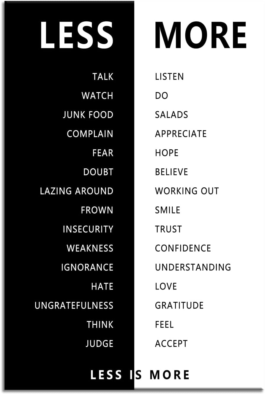 Less is More Inspirational Print Wall Art for Office Less and More Motivational Picture Inspiring Poster Painting Modern Artwork for Home Bedroom Living Room Office Decor Frame[12''W X 18''H]