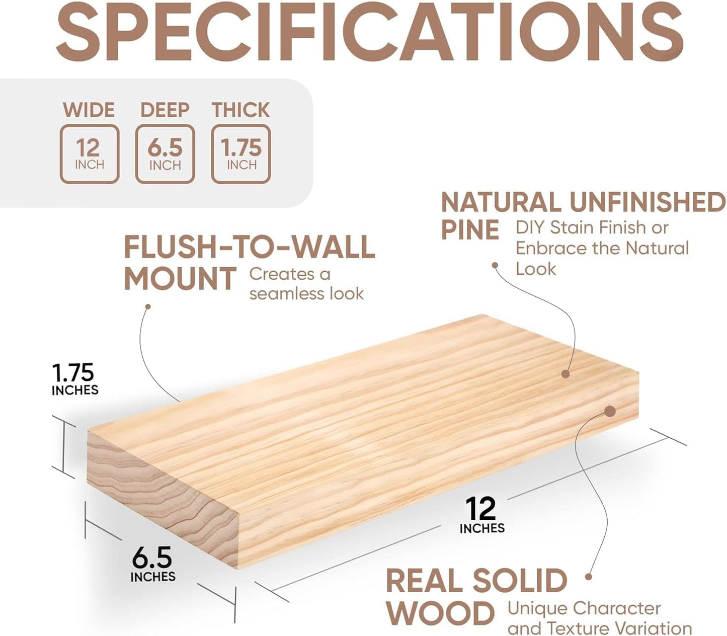 Homeforia Wood Floating Shelf 12 inch, High End Solid Natural Wood 12inch Floating Shelves for Wall Mounted, Unfinished Small Wooden Floating Shelves, Heavy Duty Bracket, 12 X 6.5 X 1.75 in, Set of 4