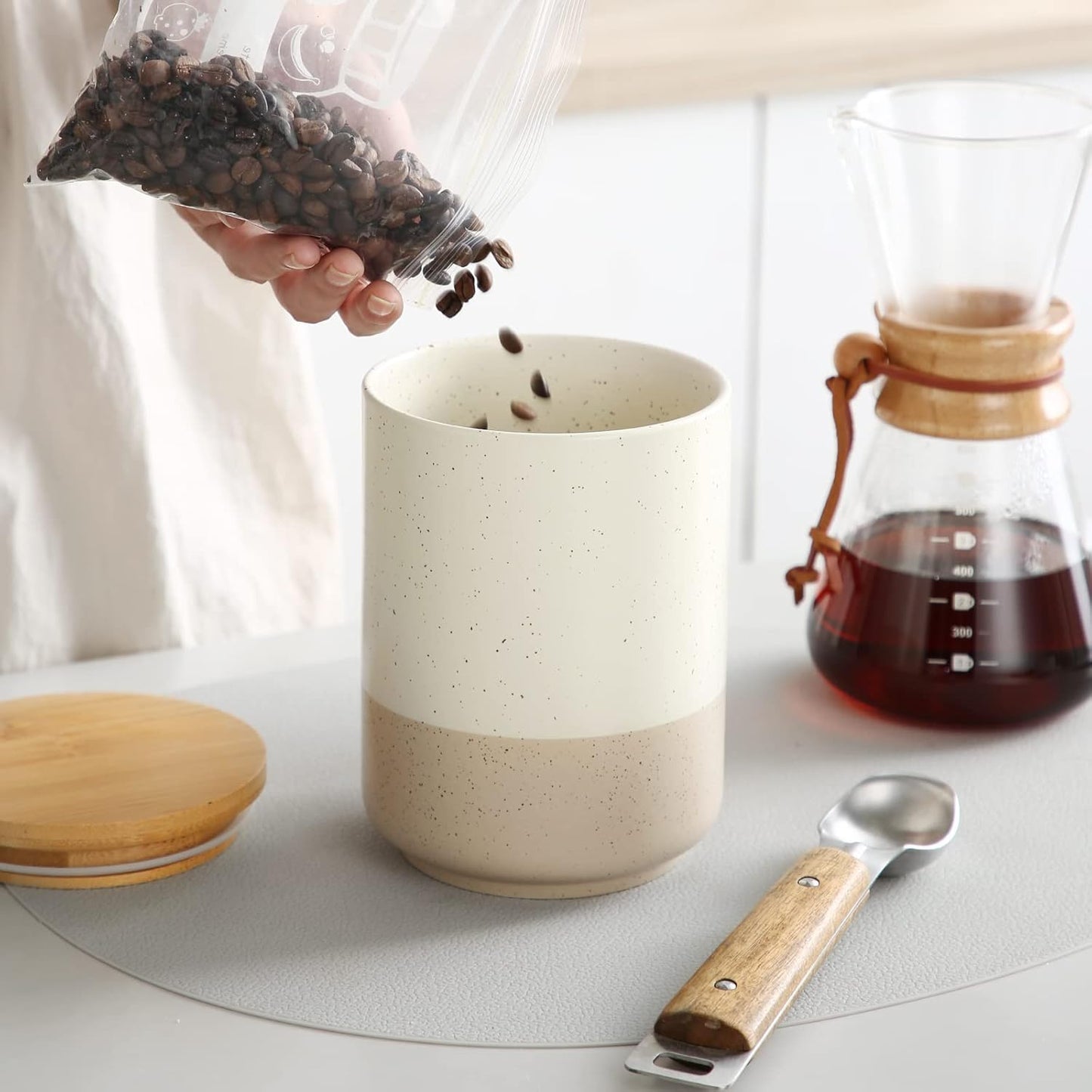 vancasso Sabine Coffee Storage Jar, 36 Oz Ceramic Kitchen Canister with Airtight Wood Lids, Coffee Container for Ground Coffee, Tea, Sugar, Nuts, Candy, Spices