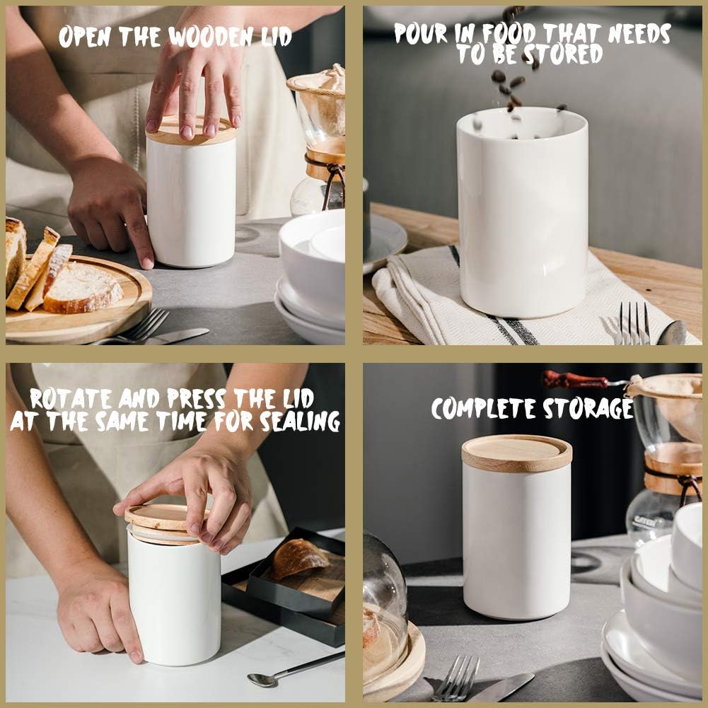 Sweejar Kitchen Canisters Ceramic Food Storage Jar Set, Stackable Containers with Airtight Seal Wooden Lid for Serving Ground Coffee, Tea, Herbs, Grains, Sugar, Salt - Set of 4 (Black)