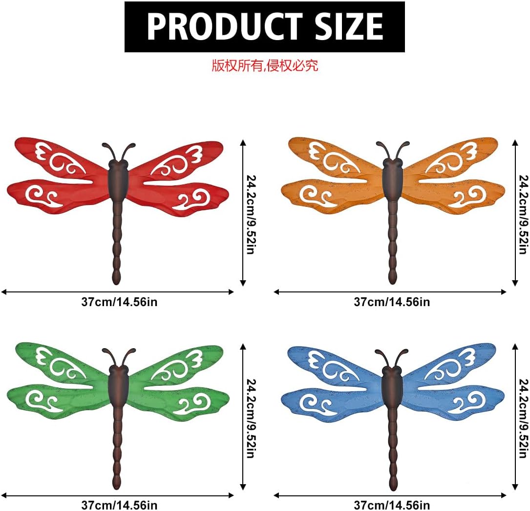 Metal Dragonfly Wall Decor, 4 Pack 14inch Retro Metal Dragonfly Wall Hanging Sculpture Decor for Outdoor, Yard Patio Fence Garden Outside Decorations