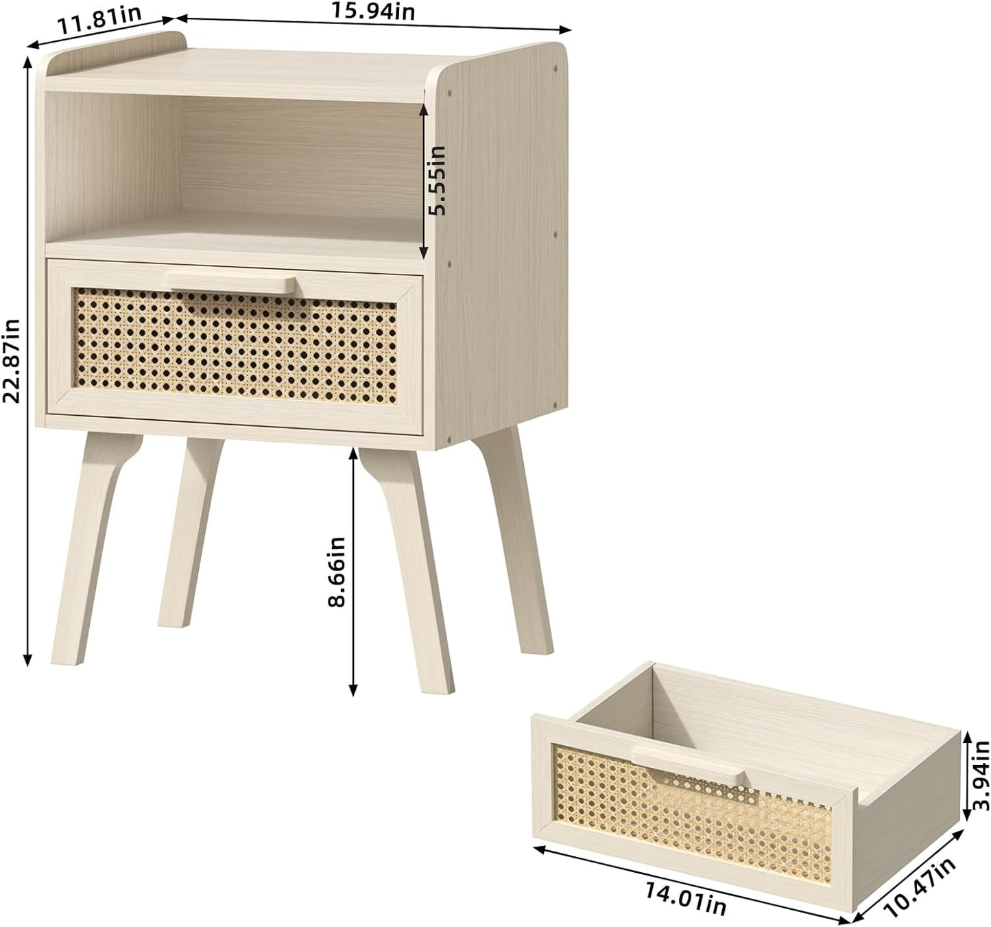 Lerliuo Rattan Nightstands Set of 2, Side Table with Drawer Open Shelf, Cane Accent Bedside End Table, Mid Century Modern Night Stand for Bedroom, Dorm and Small Spaces (Grey White)