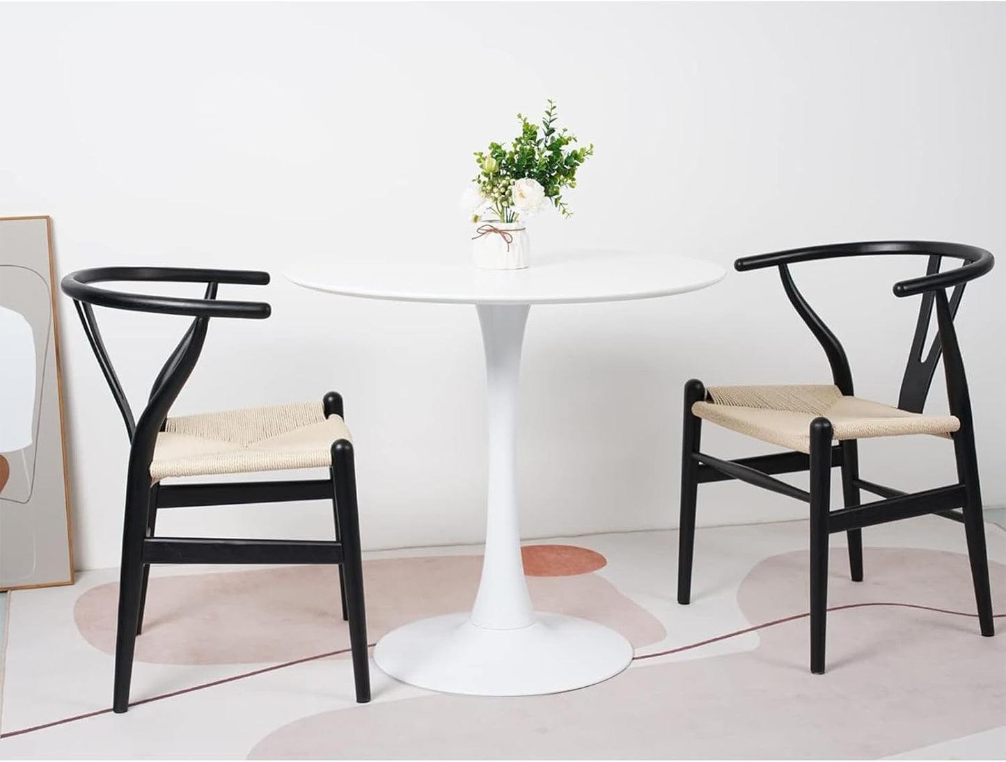 Tomile Solid Wood Wishbone Chair Y Chair Mid-Century Armrest Dining Chair, Hemp Seat (Ash Black + Natural Rope, Pack of 4)