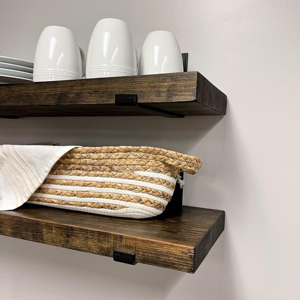 Rustic Shelves with J-Brackets Set of 2, Industrial Shelf, Kitchen Shelves, Solid Wood, Decorative Wall Storage, Heavy Duty, URBANDI (Dark Brown, 12Wx10D)