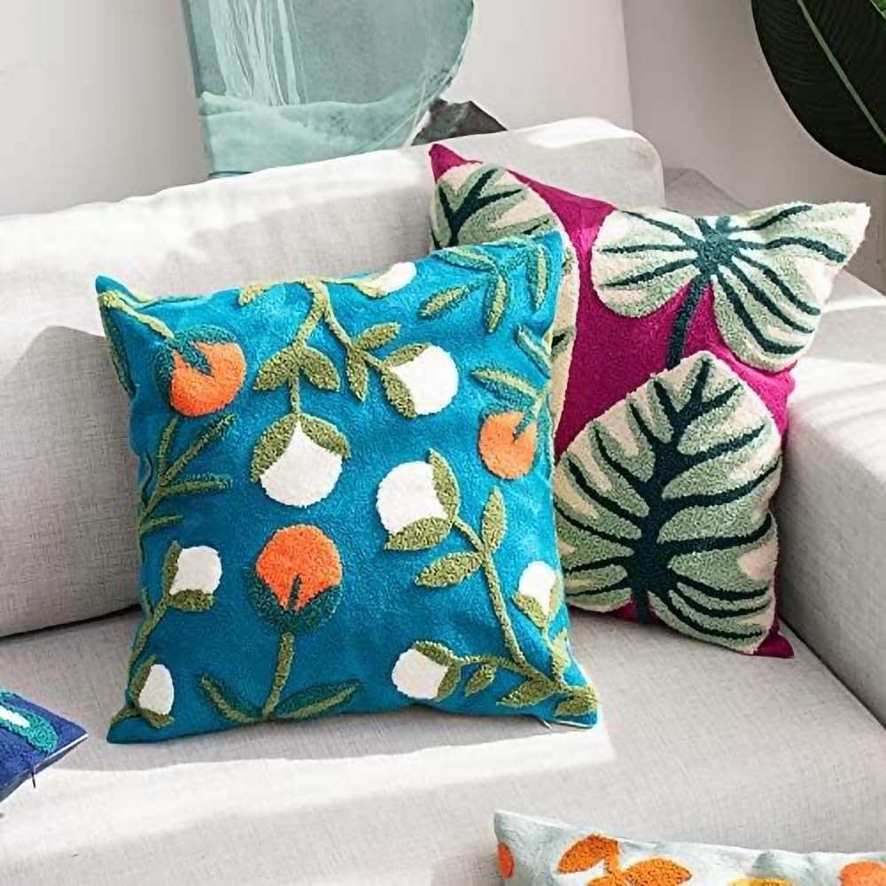 MOCOFO Canvas Embroidered Throw Pillow Cover with Flower Spring Embroidery Craft Modern Simple Sofa Office Pillow Pillow Case (Flower, 18x18’’)