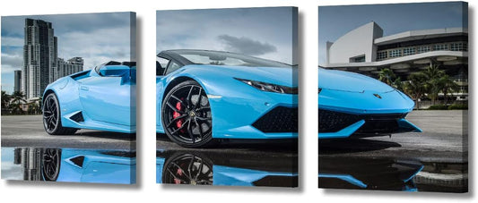 TUMOVO Blue Sports Car Wall Art for Bedroom Speed Super Car Canvas Painting Clouds Sky Large Wall Art for Living Room Open Car Contemporary Home Decor 3 Panels Stretched on Wooden Frame, 36" Wx16 H