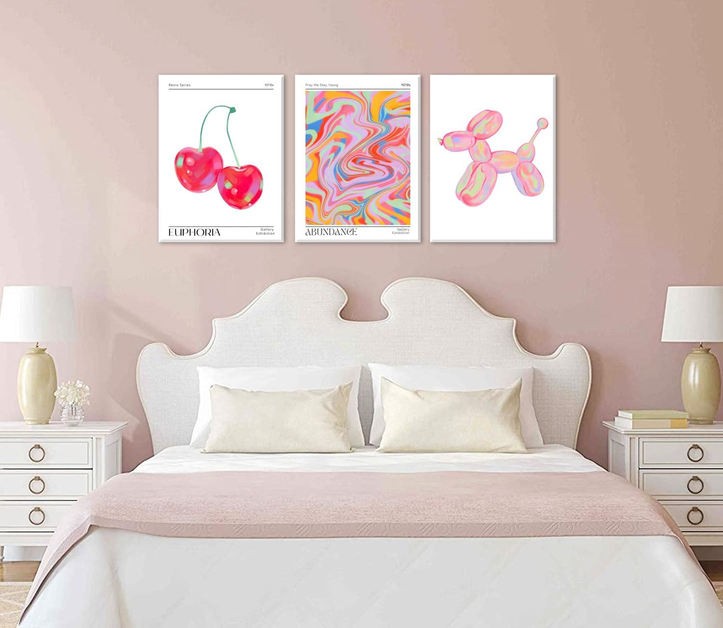 Framed Pink Preppy Wall Art Set of 3 Trendy Cute Balloon Dog Cherry Posters Abstract Aura Canvas Prints Modern Colorful Painting Retro Pop Art Decor Positive Picture for Living Room Bedroom 12x16in