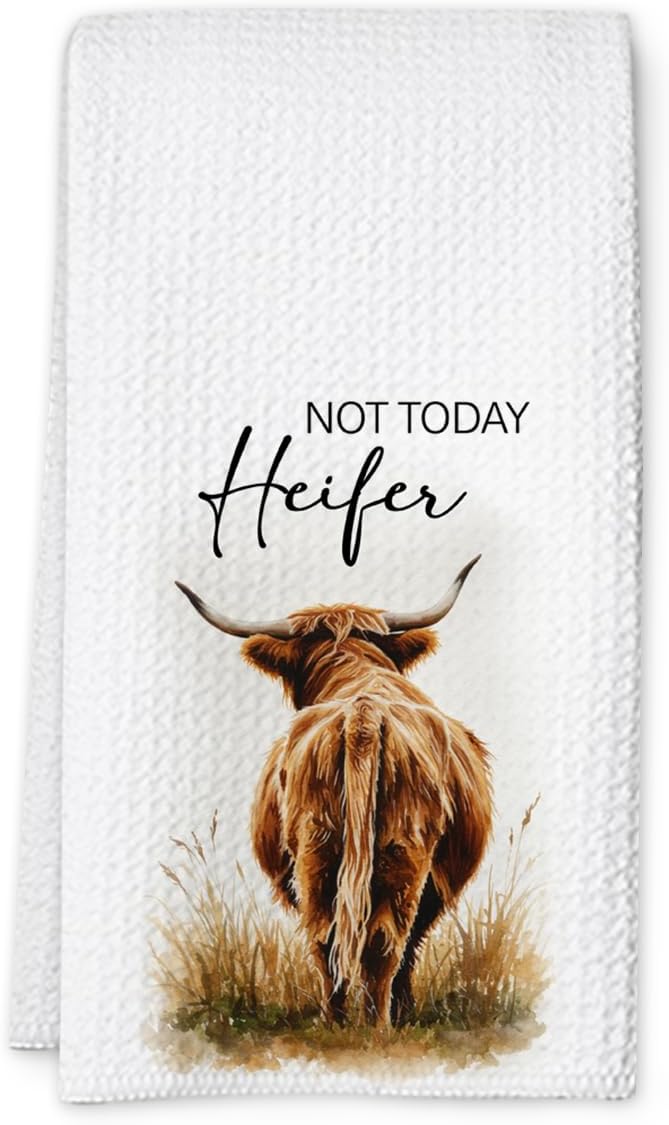 Not Today Heifer Highland Cow Hand Towels for Farmhouse Kitchen Bathroom Decor | Funny Waffle Weave Microfiber Dish Towel Western Gift