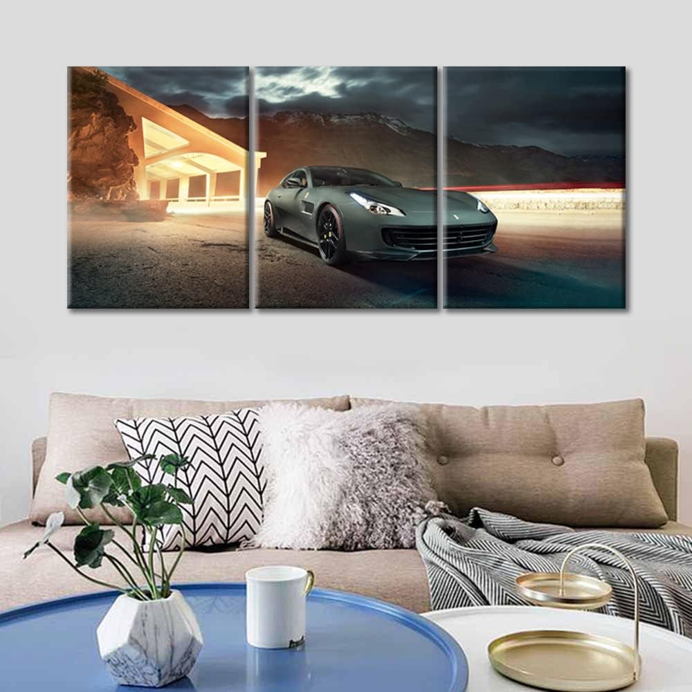 TUMOVO Sports Car Modern Wall Art Cool Gray Supercar Hypercar Abstract Picture Contemporary Artwork Print On Canvas 3 Pieces Bedroom Wall Art Pictures for Living Room Framed Ready to Hang, 36" Wx16 H