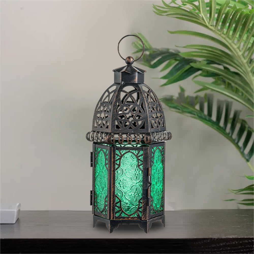NEEDOMO Hanging Moroccan Lantern, 12.8'' Vintage Candle Holder, Metal Lanterns Decorative Indoor Outdoor, Table, Patio, Porch, Shelf, Gothic Home Decor (Green, Large Size)