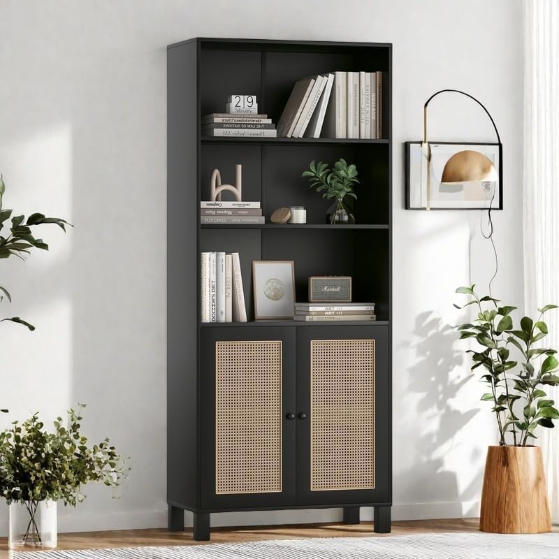 Tall Bookshelf, 5-Tier Book Shelf with 2 Rattan Doors, Freestanding Bookcase Display Shelves with Large Storage, Book Case for Living Room, Office, Study, Bedroom, 70.9 Inch