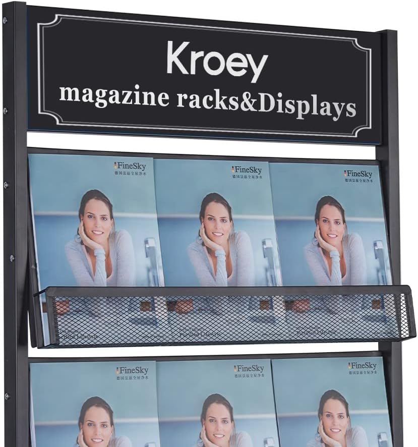 Floor Magazine Rack brochure Display Stand for Offices and Public Reception Area，Literature Rack with 4 Universal Wheels (70"×27×13.8")