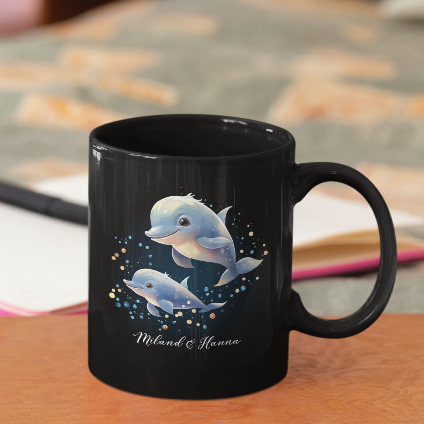 Custom Name Xmas Animal Cup, Cute Dolphins Swimming Design Mug 11oz 15oz, Customized Christmas Dolphins Black Cup, Personalized Animal Lover Coffee Mug, Gift For Newlyweds, Close Friend