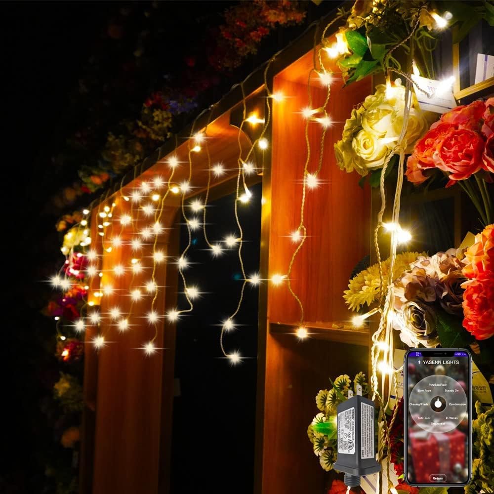 YASSEN Bluetooth APP Fairy Lights - 300 LED 30ft Icicle Style String Lights for Indoor & Outdoor Decorations (Warm White)