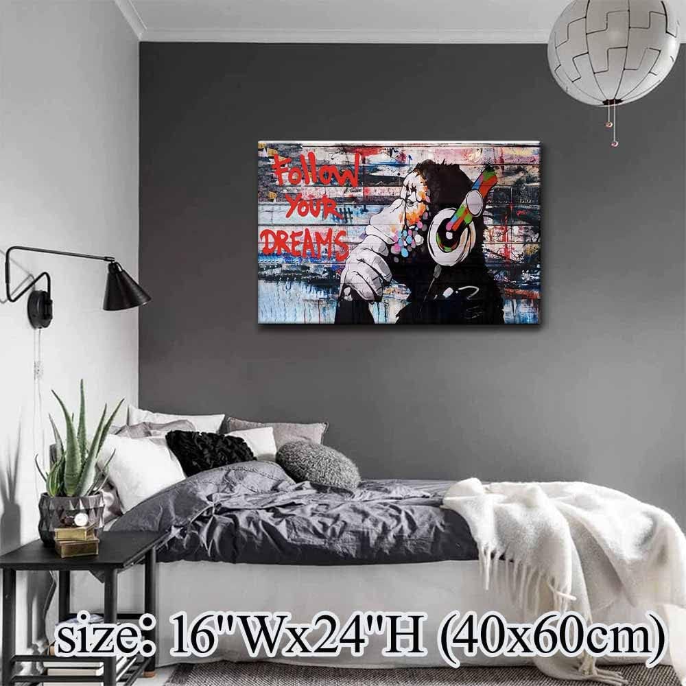 Framed Banksy Graffiti Canvas Wall Art Follow Your Dreams Monkey Poster With Headphones Prints Street Painting Picture Man Cave Wall Decor Pop Art for Living Room Ready To Hang 16"Wx 24"H (40x60cm)
