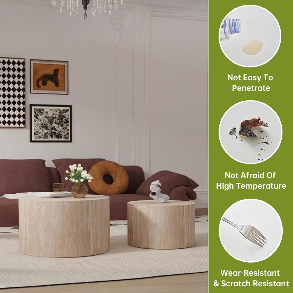 Round Nesting Coffee Tables Modern Travertine Coffee Table Small Round Coffee Tables Circular Side Table Accent End Table Nested Coffee Table Set for Living Room (Travertine Large)