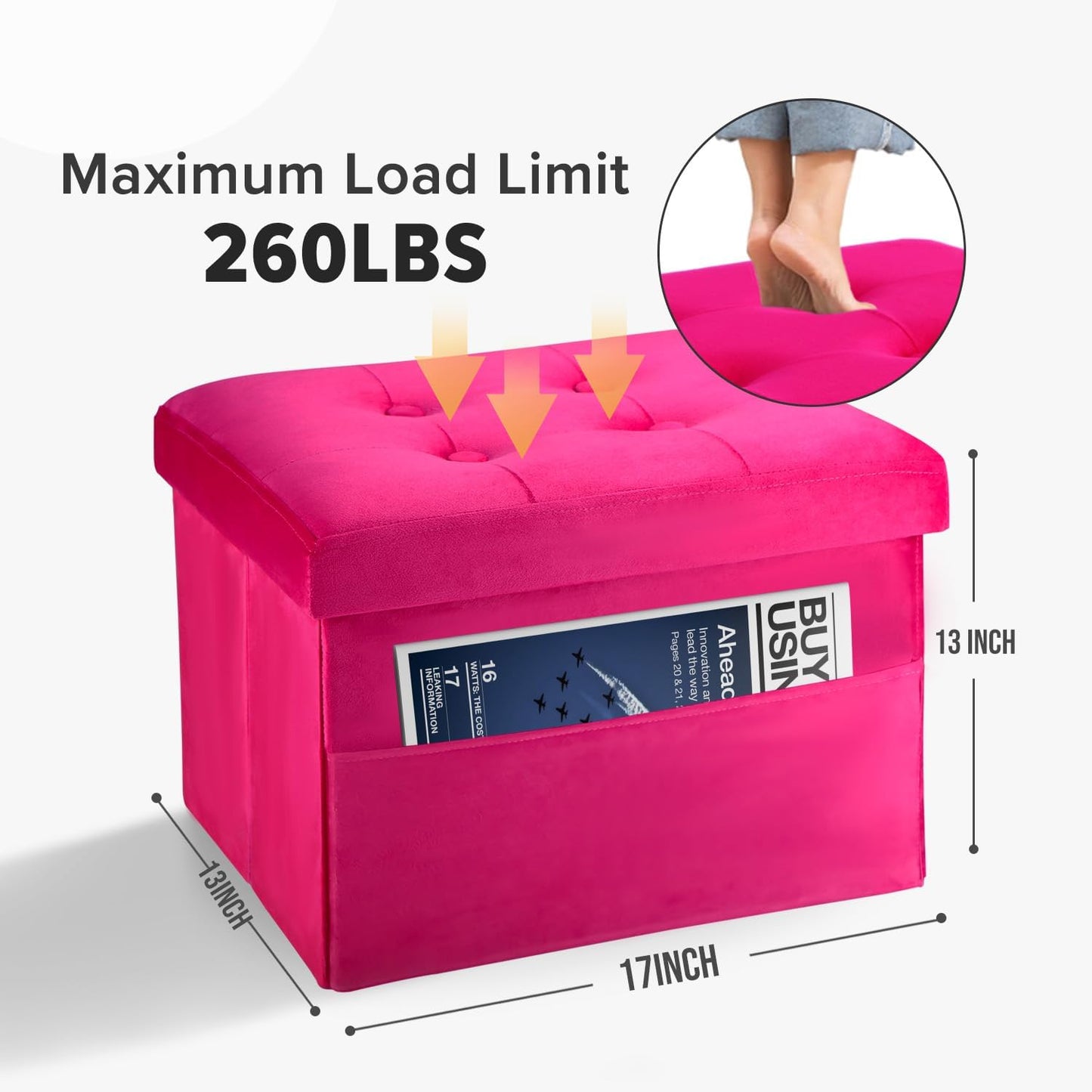 LINMAGCO Storage Ottoman Folding Foot Stool Foot Rest with Side Pocket Modern Ottoman with Storage Short Sofa Stool Velvet 17x13x13(ROSEO)