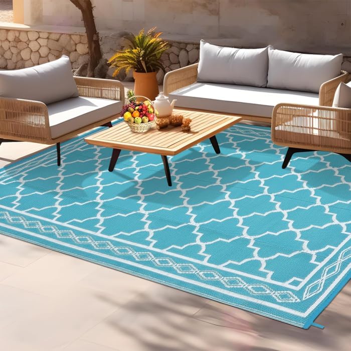 GAOMON Outdoor Rug Waterproof 8'x10', Reversible Outdoor Plastic Straw Rug, Boho Patio Rug, Indoor Outdoor Carpet, RV Mat Outside for Patio, Camp, Picnic, Balcony, Deck, Teal/White(Geometric)