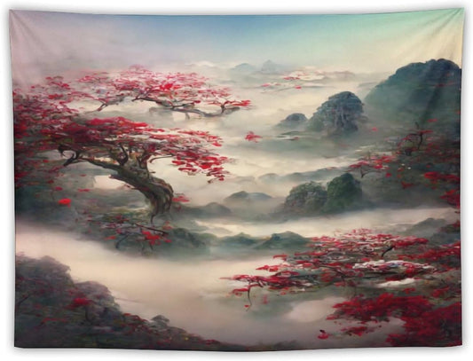 Japanese Tapestry, Red Plum Cherry Blossom Mountain, Asian Wall Art, Nature Landscape for Bedroom & Living Room Decor, 60"x40"