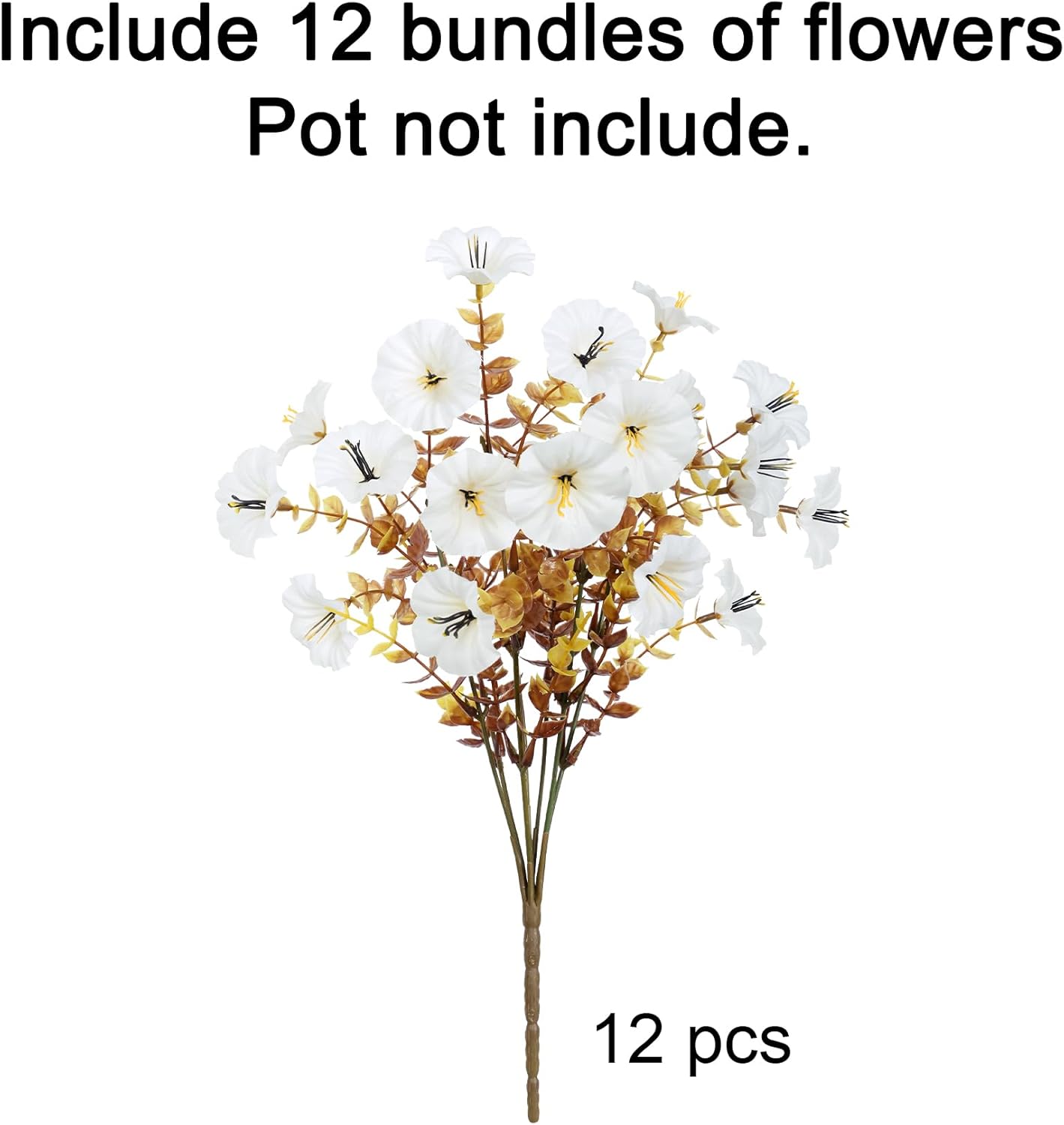 Fake Mums Artificial Fall Flowers Fake Plants for Outdoors Autumn Decor, 12 Bundles White Silk Morning Glory with Eucalyptus Look Real UV Resistant Faux Flowers for Outside Planters Front Door Yard