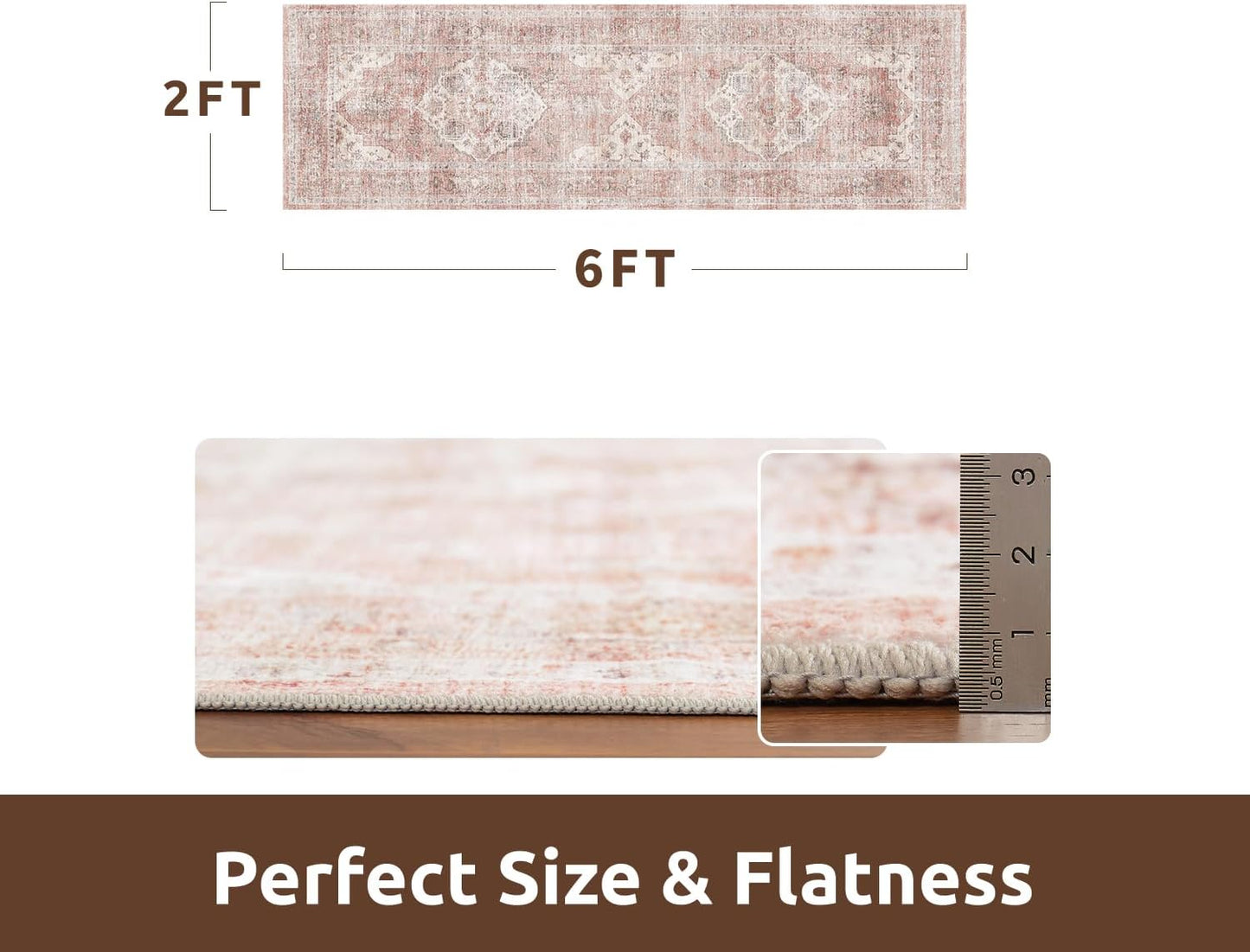 AMOAMI-2X6 Runner Rug-Washable Runners for Hallways-Soft Non Slip Bedside Rugs for Bedroom-Vintage Long Rug for Hallways Entryway Laundry Room Stair Kitchen Bathroom Pink