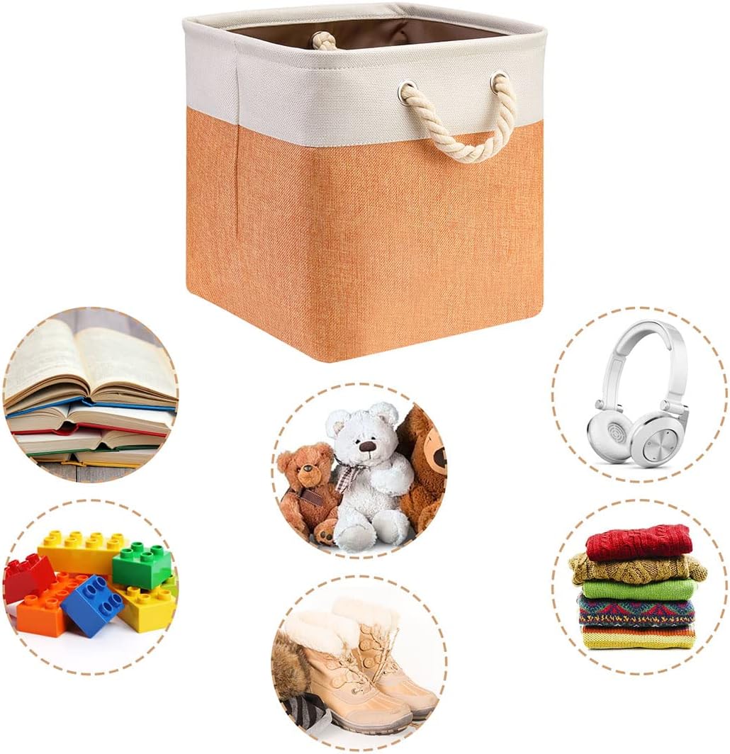 i BKGOO 3Pack Large Foldable Storage Bins，Collapsible Sturdy Cationic Fabric Organizing Storage Basket Cube with Cotton Handles for Home Office Shelf Clothes Toys Beige-Orange 13×13×13 inch