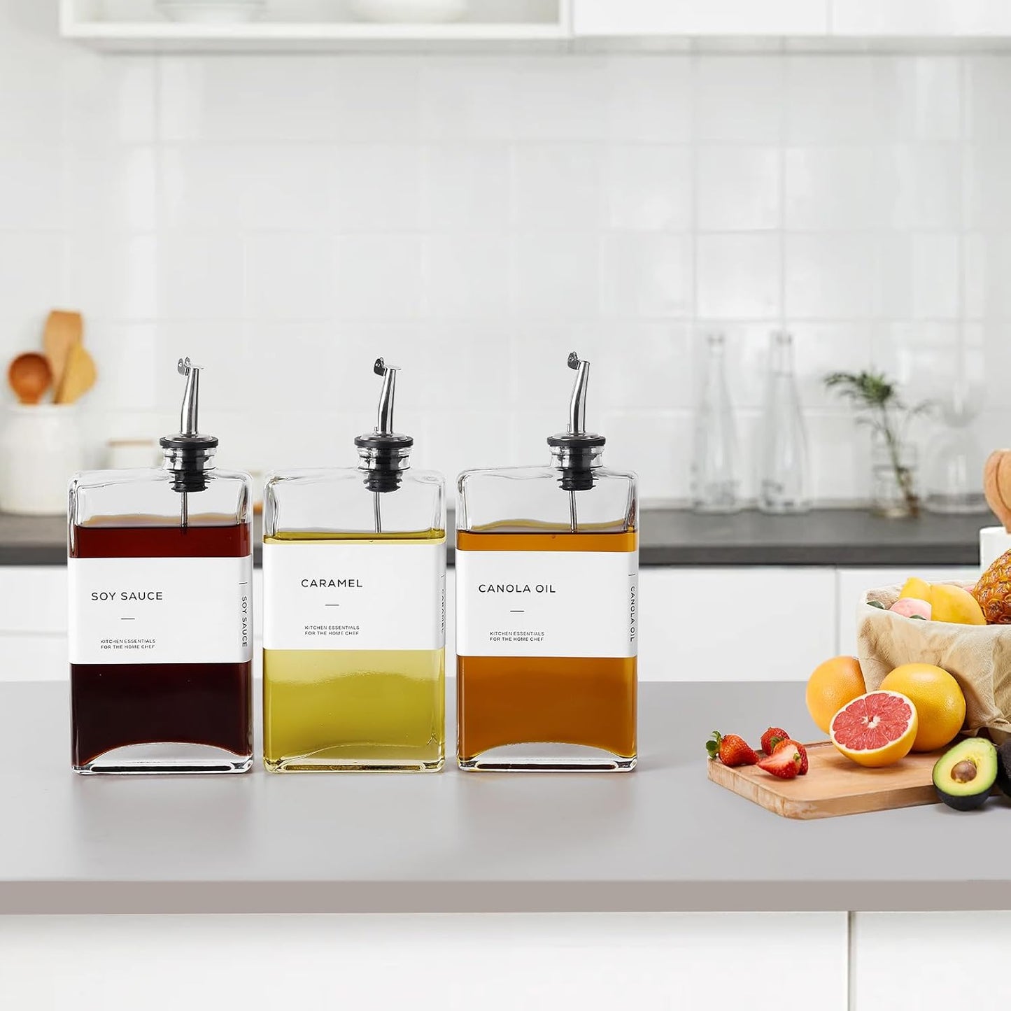 Olive Oil Dispenser Bottle for Kitchen, 3 Pack Glass Oil and Vinegar Dispenser Set, Elegant Book Design, Durable, Leak-Proof, Easy-Pour Spouts, Perfect for Kitchen, Dining Table (12oz)