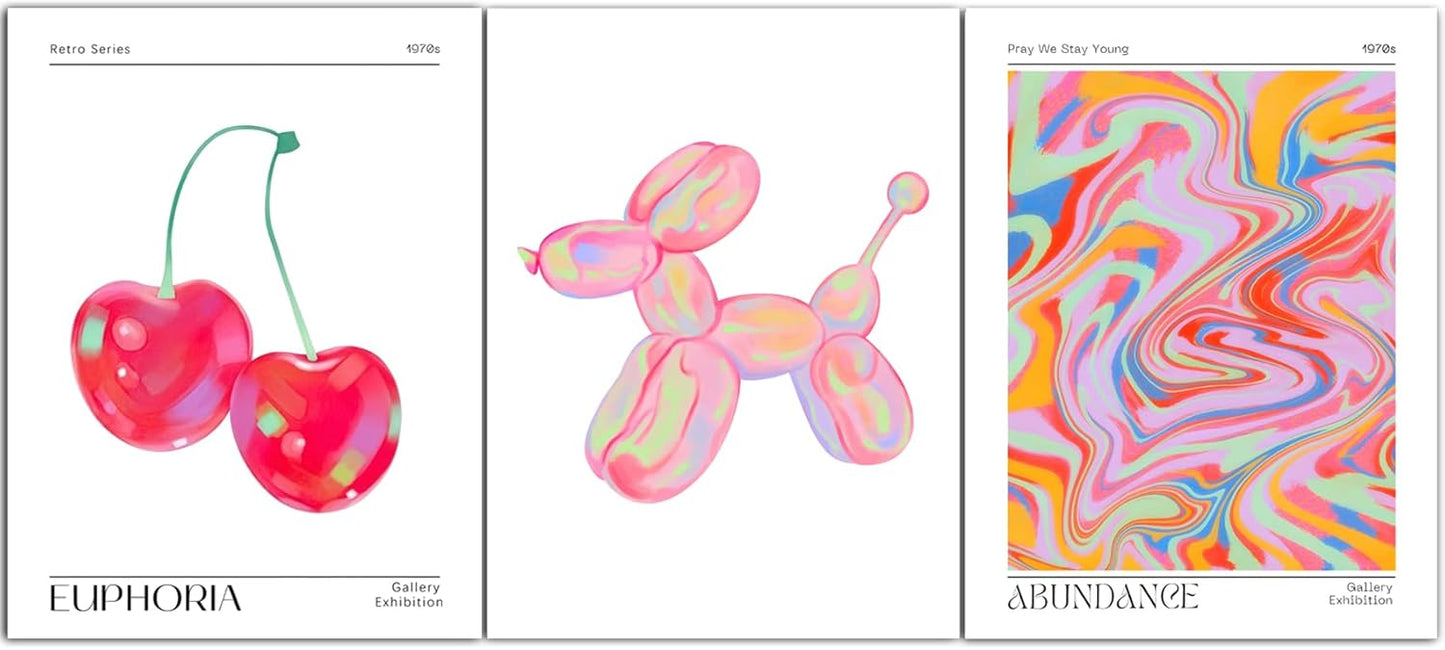 Pink Preppy Wall Art Posters Set of 3 Trendy Cute Balloon Dog Cherry Canvas Prints Modern Colorful Abstract Aura Painting Retro Pop Decor Positive Picture for Living Room Bedroom 12x16in Unframed