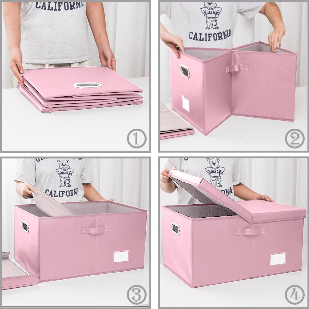 PRANDOM Collapsible Storage Box with Lid [3-Pack] Leather Fabric Foldable Storage Bin Organizer Container Basket Cube with Cover for Home Bedroom Closet Office Nursery Pink(22.8X15.7X11.8)
