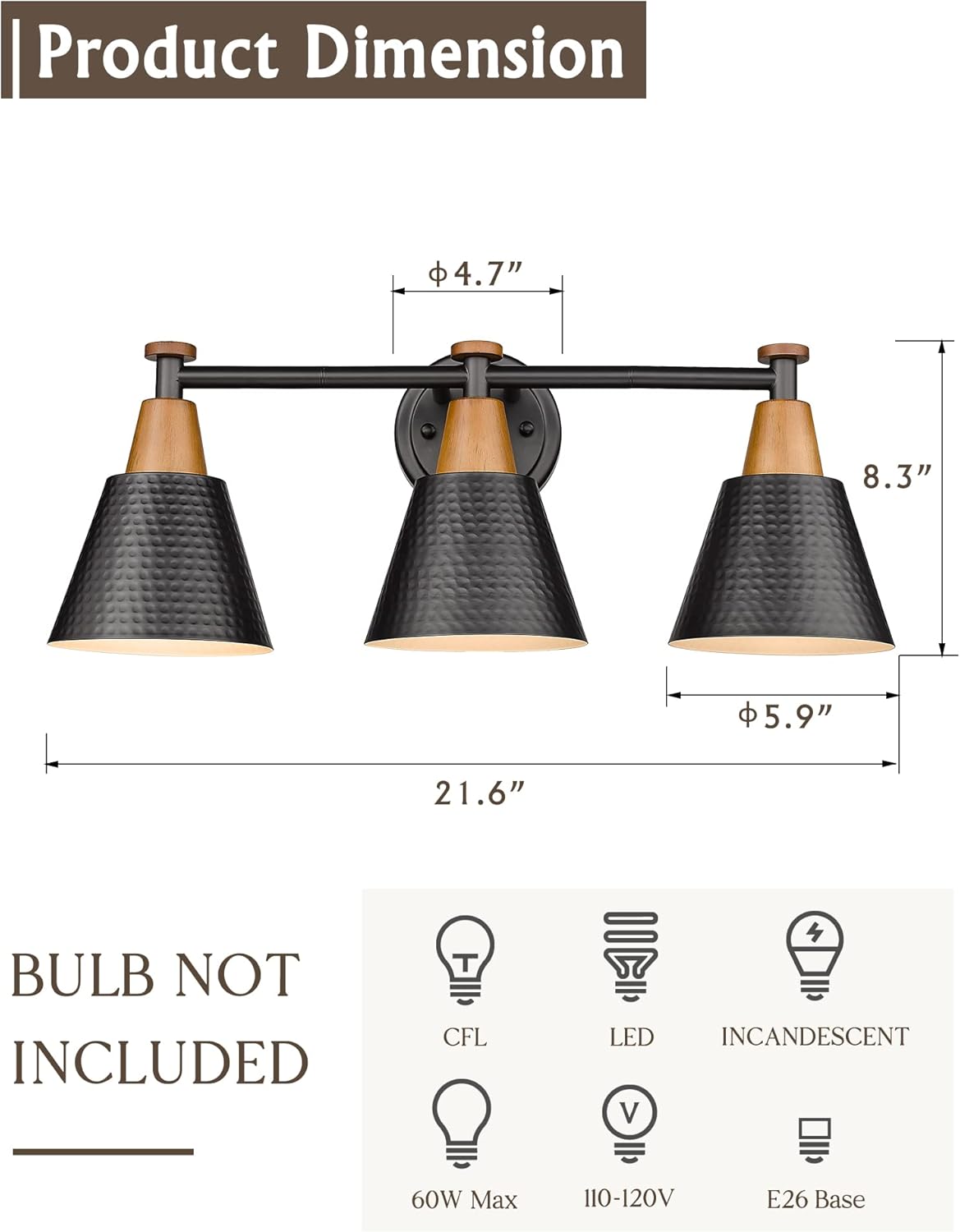 FEMILA Black Bathroom Light Fixtures, 3-Light Bathroom Vanity Lights Over Mirror with Hammered Metal Shade, Modern Wall Lamp for Kitchen Bedroom Living Room,4FG59B-3W BK