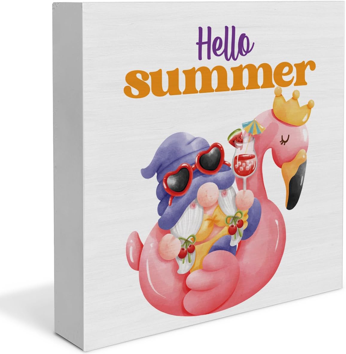 Hello Summer Decor Flamingo Decorations Summer Gnome Wooden Sign Rustic Home Decor 5 x 5 Inches