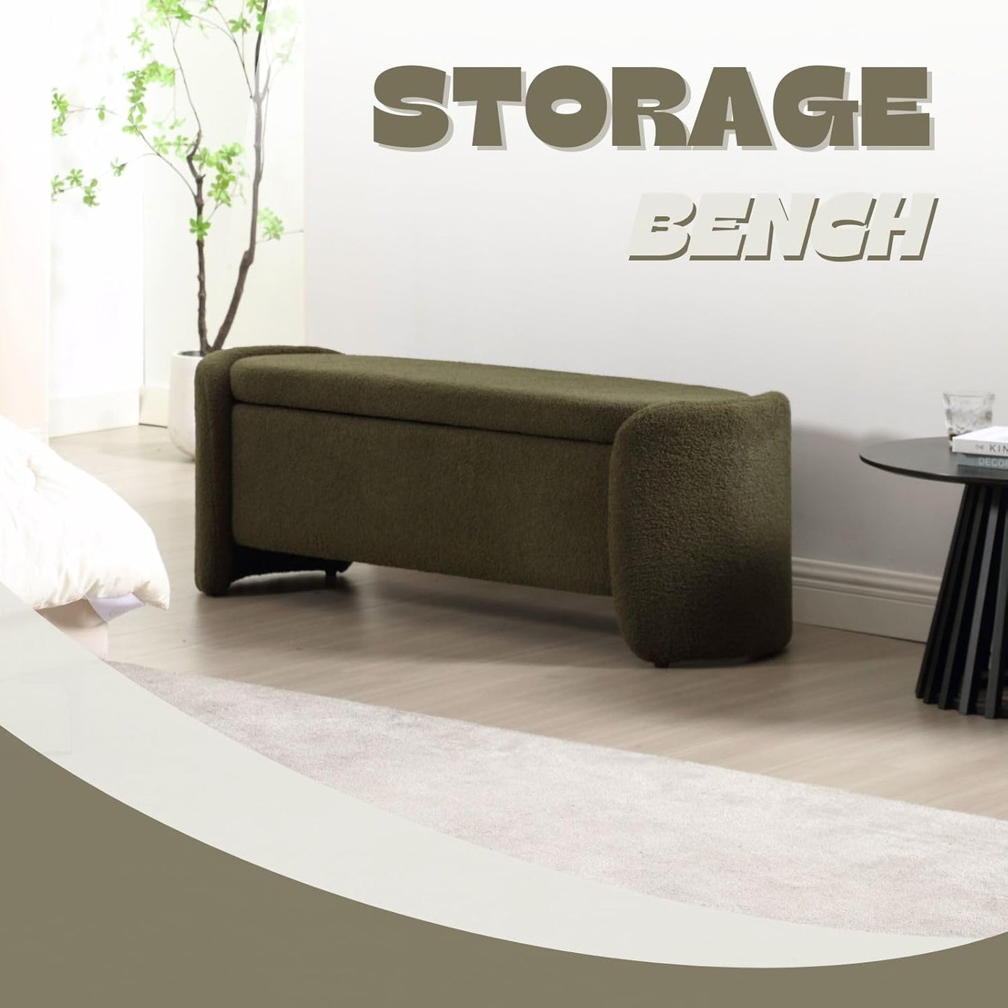 ROCTY Green Boucle Storage Bench - 50" Sherpa End of Bed Ottoman with Seating and Storage for Bedroom, Entryway, Living Room, Vanity or Makeup Room - Teddy Fabric