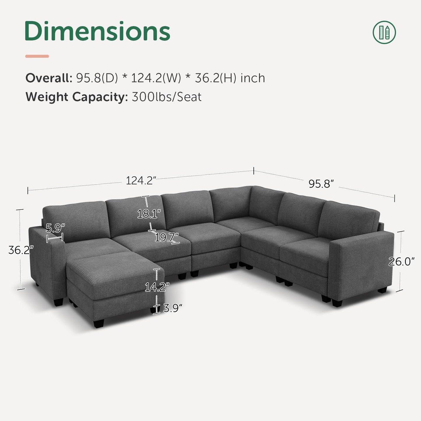 HONBAY Corduroy Sectional Sofa with Storage, U Shape Modular Sectional Sofa with Chaise, Modular Couches for Living Room, Dark Gray
