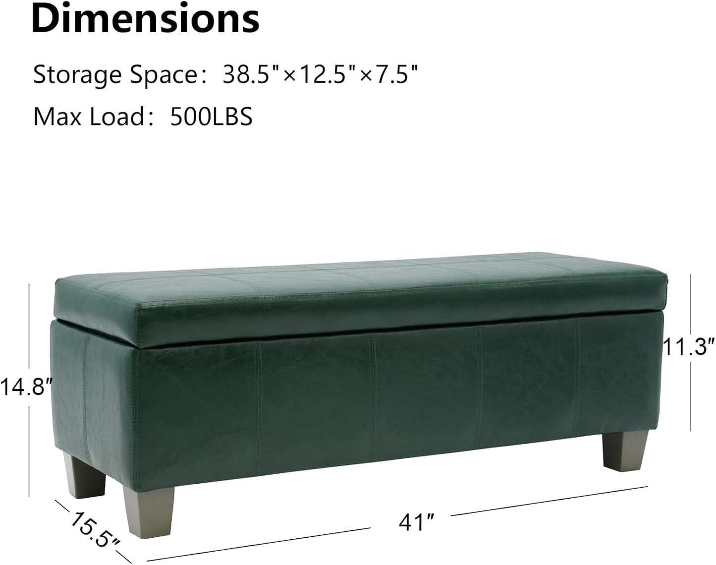 Green Faux Leather Ottoman with Storage, Rectangular Extra Long Storage Bench for Bedroom and Living Room