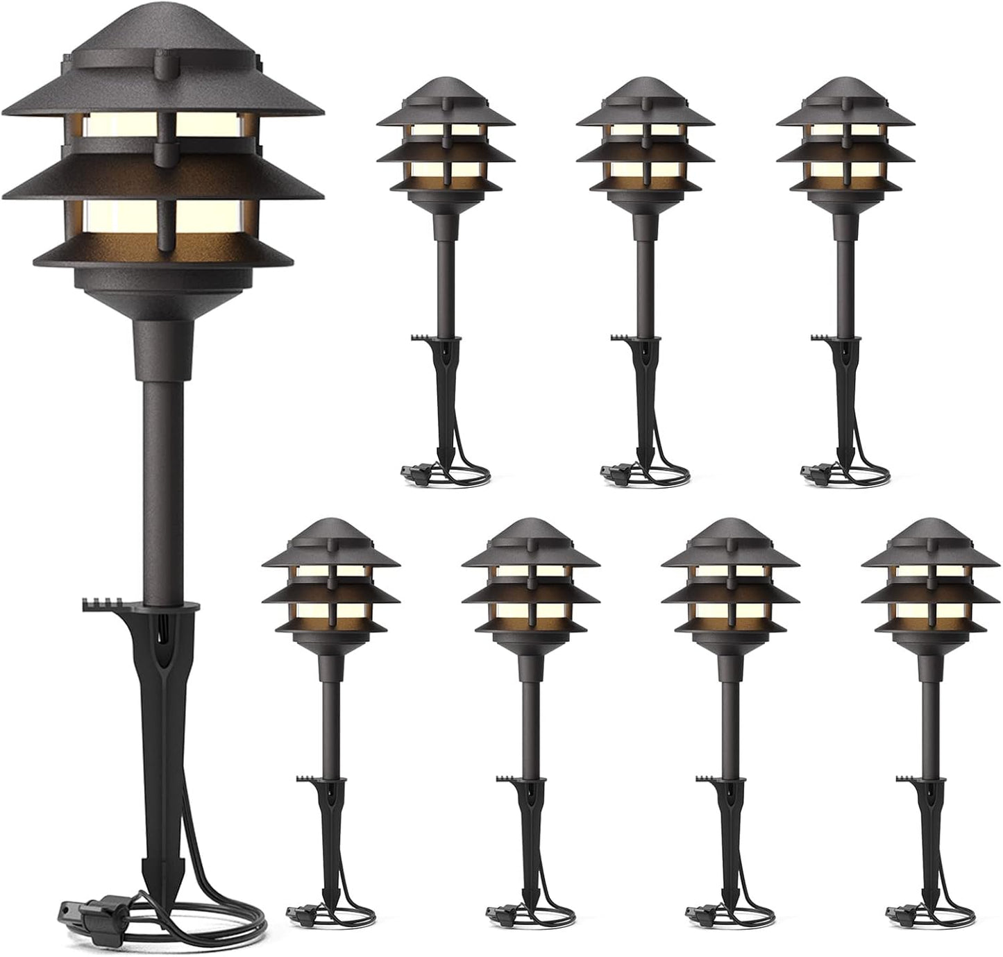 GOODSMANN Landscape Lighting 8PK Pathway Lights Low Voltage 2.2 Watt LED 12V AC Landscape Lights 30 Lumen Warm White with Cable Connectors Metal Stakes 9122-21102-08A