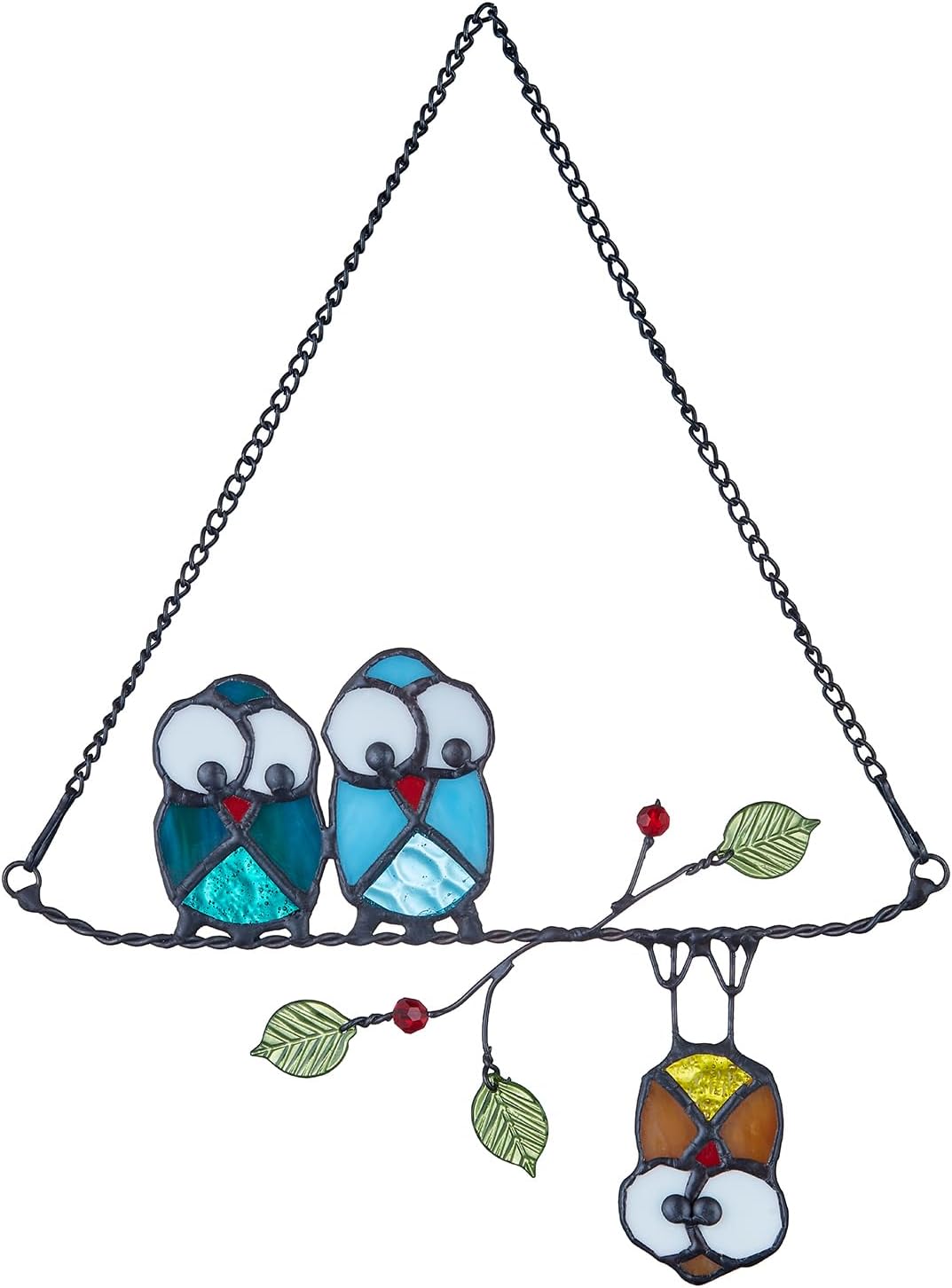 Stained Glass Birds,owl,Stained Glass Window Hanging,Multicolor Owls on The Living Tree with Green Leaf and red Berries,Bird suncatcher for Windows Room Home,Bird Deco,Gift for Mom,and Bird Lovers.