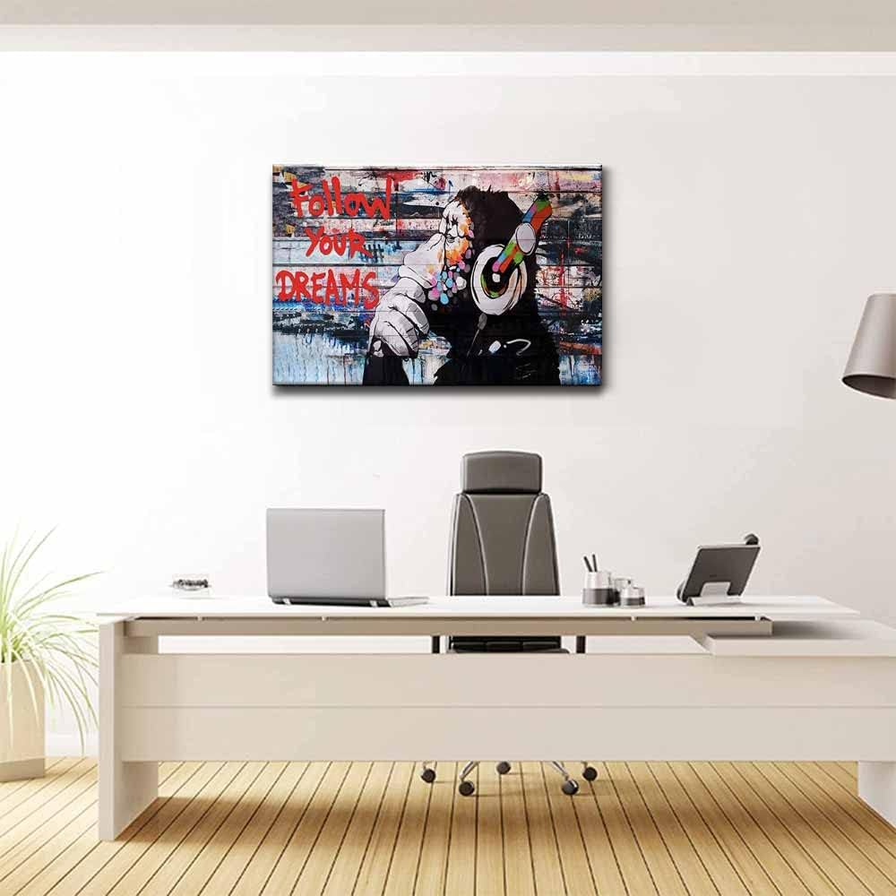 Framed Banksy Graffiti Canvas Wall Art Follow Your Dreams Monkey Poster With Headphones Prints Street Painting Picture Man Cave Wall Decor Pop Art for Living Room Bedroom Office 24" Wx36 H (60x90cm)