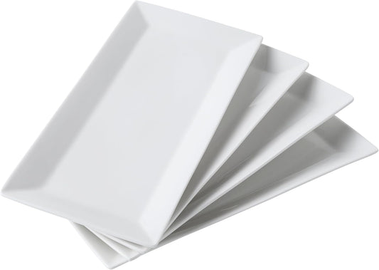 12" Serving Platters Set of 4, White Rectangular Plates, Ceramic Serving Tray, Stackable Large Party Plates for Appetizer, Dessert, Steak, Sushi, Housewarming, Oven Dishwasher Safe