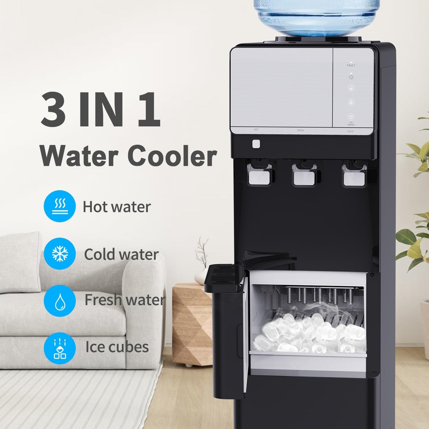 IKT Top Load Water Cooler Dispenser with Ice Maker for 5 Gallon Bottle 27 lbs Daily Capacity 3 Temperature Night Light Black