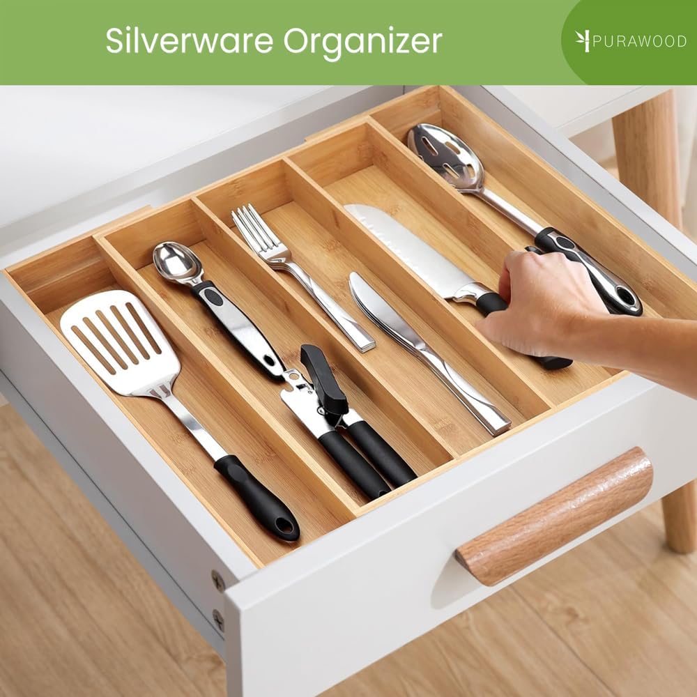 Purawood Kitchen Drawer Organizer - Expandable Utensil Drawer Organizer for Kitchen, Cutlery Tray & Silverware Organizer, 3-5 Slots - Bamboo Organizer for Utensils & Flatware (Natural)