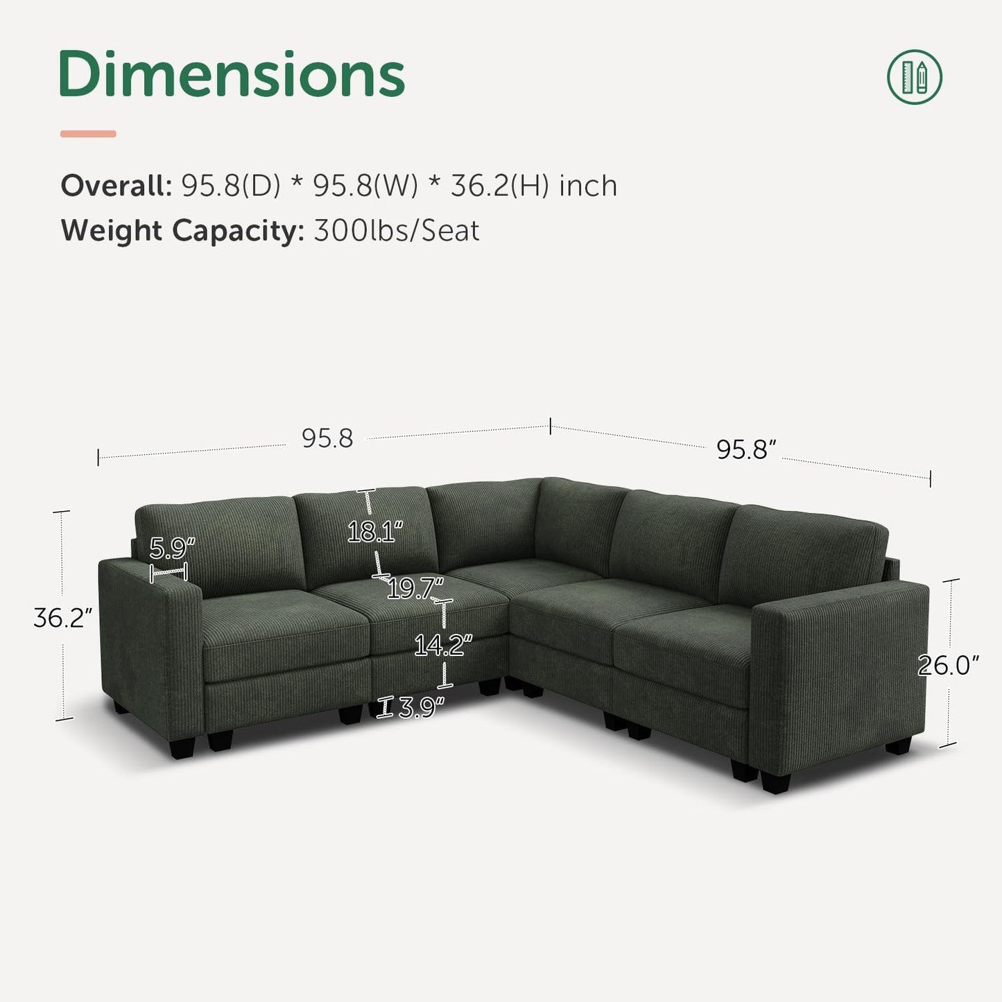 HONBAY Corduroy Modular Sectional Sofa with 5 Seaters, Sectional Corner Sofa with Chaise, L Shape Couches for Living Room, Green
