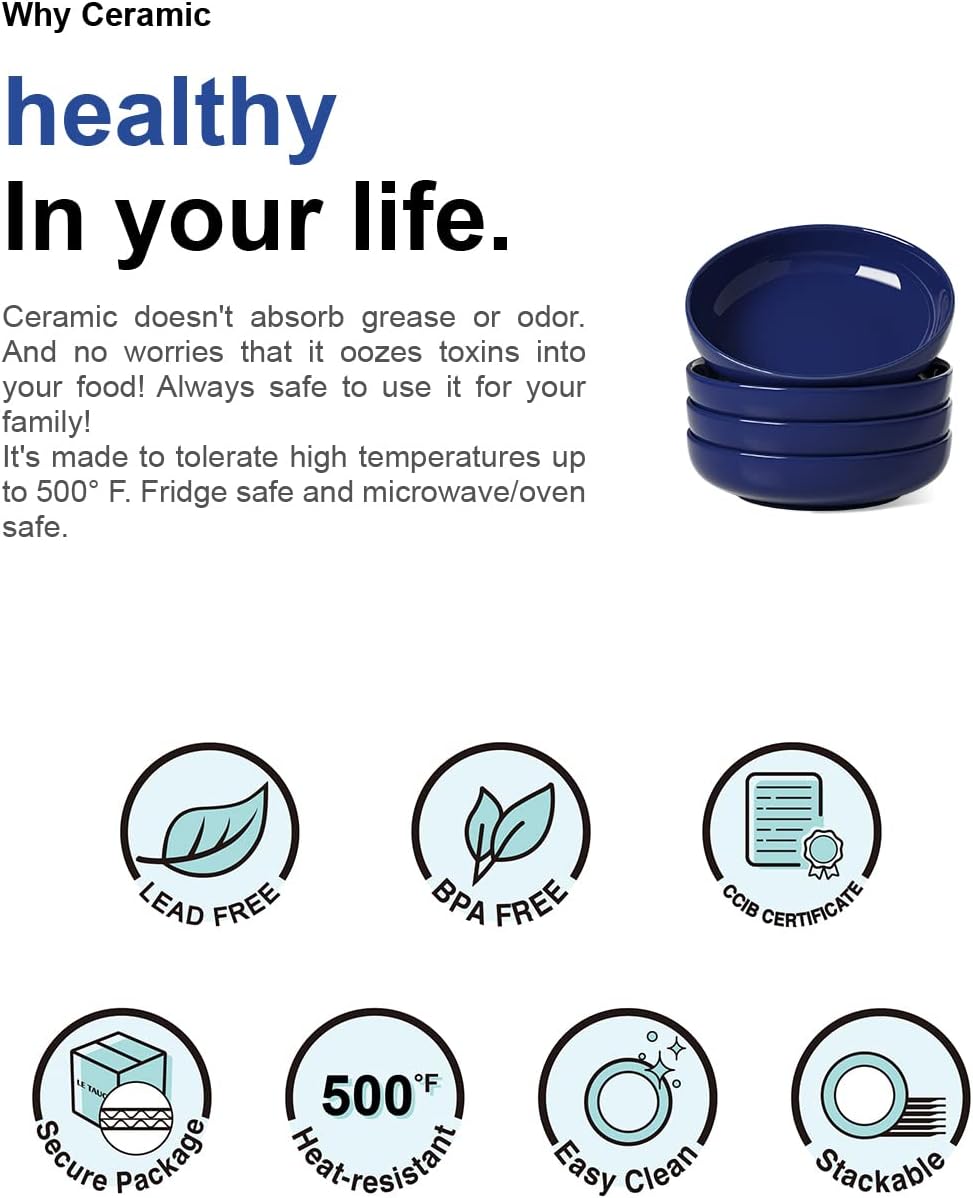 LE TAUCI Pasta Bowls 45 oz, Salad Bowls Set for Serving Soup, Pasta, Noodle, Dinner, Large Kitchen Bowl Plates, Microwave Safe - 8.5 Inch, Set of 4, Blue