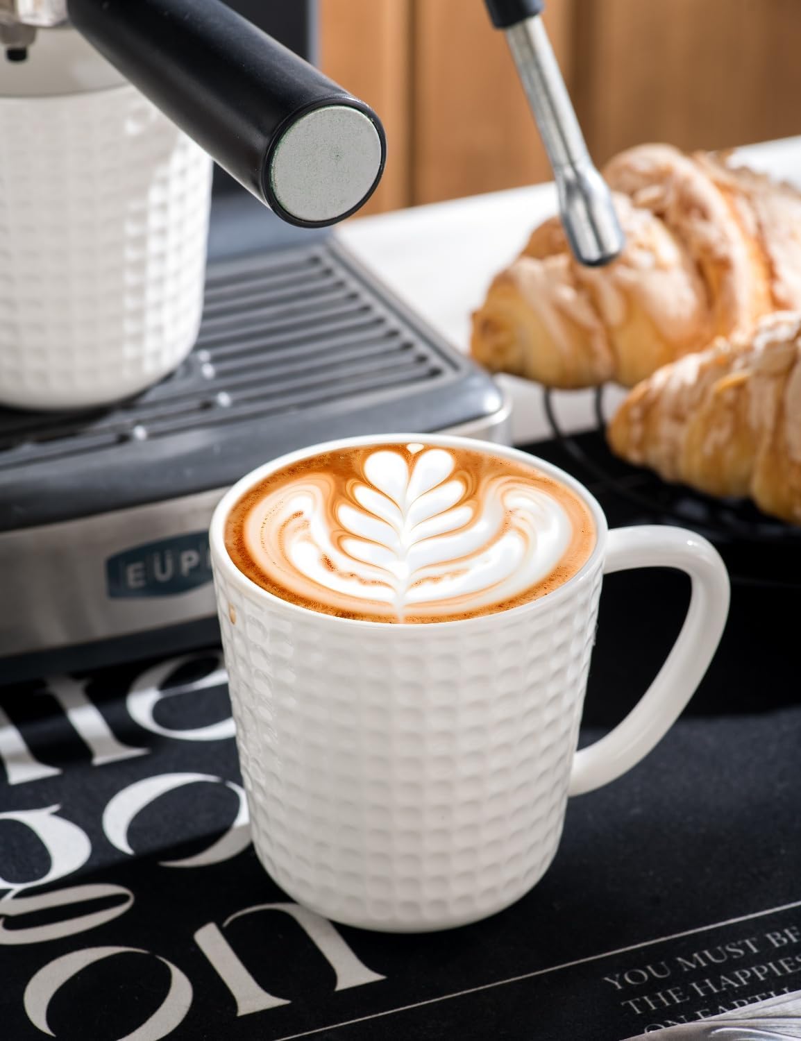 Ceramic Coffee Mugs 15 oz, Large Waffle Embossed Mug Set, Coffee Cups for Latte, Cappuccino, Cocoa, Hot Tea, Mocha, Milk, Housewarming Wedding Present, Microwave & Dishwasher Safe - Set of 6 (White)