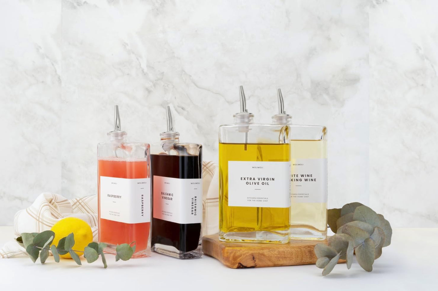 Molimoli Olive Oil Dispenser Bottle for Kitchen, Automatic Pourer, Glass Dispenser for Kitchen, Olive Oil Cruet, | Set of 4 - Silver